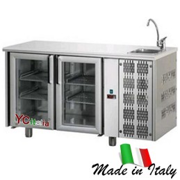 Banco frigo 3 porte a vetro con vasca e alzatina|Tavolo refrigerato con vasca
