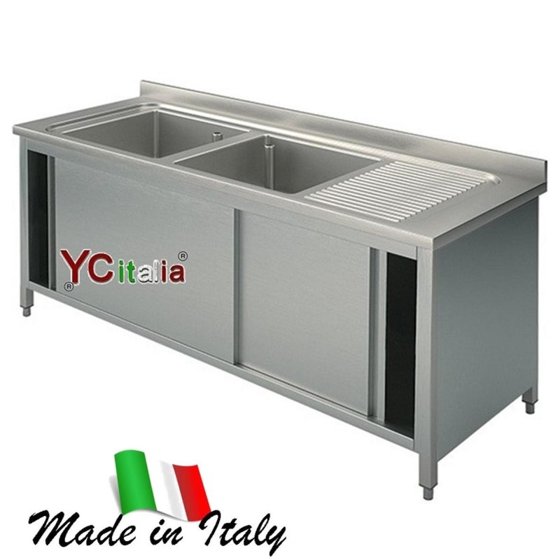 Lavello inox armadiato 600 due vasche e sgocciolatoio