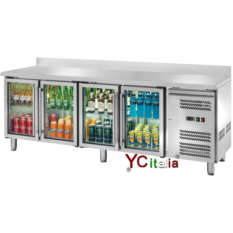 Tavolo refrigerato 4 porte a vetro e alzatina 2230x700x950h|Tavoli refrigerati porte a vetro 700 profondità