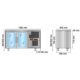 Tavolo refrigerato 2 porte a vetro 1460x600x860/930 mm