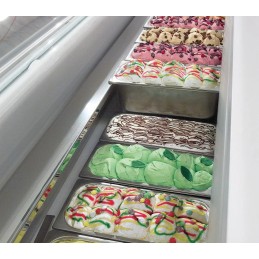 Disposizione vaschette per vetrina 6 gusti gelato mantecato con vetri curvi