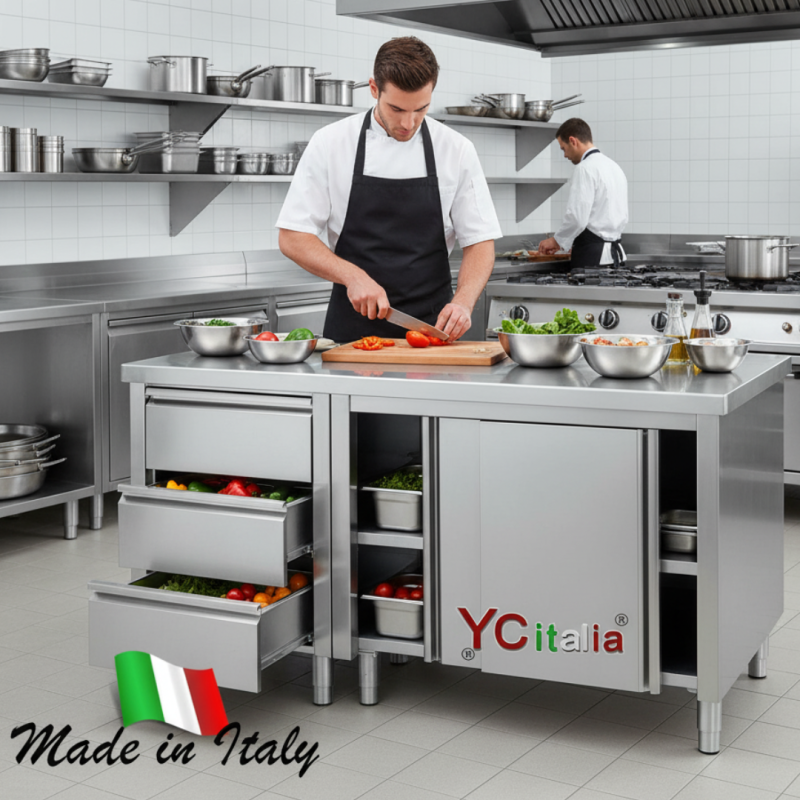 Tavolo inox armadiato con cassettiera p700