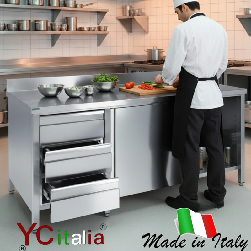 Tavolo inox armadiato p700 con alzatina e cassettiera