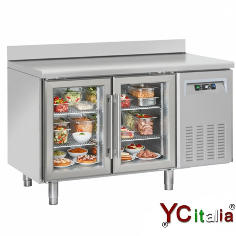Tavolo refrigerato con alzatina professionale 1350x625x950|Tavoli frigo porte vetro 600 profondità