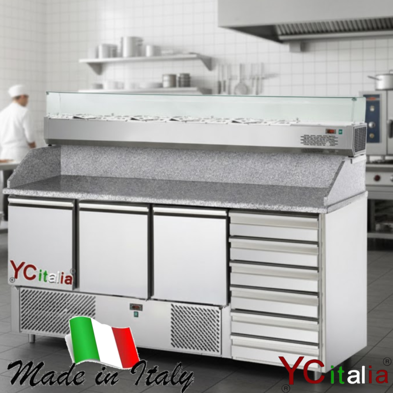 Saladette per pizzeria con 3 ante e cassettiera|Saladette refrigerata a 3 porte